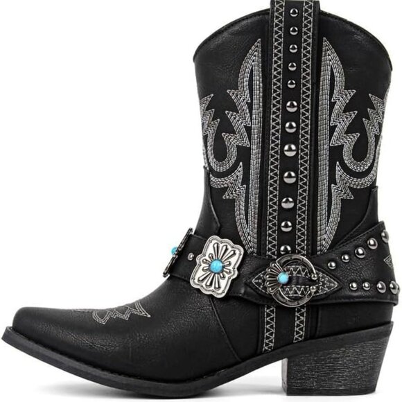 Shoes - Women's Black Ankle High Embroidery Pointed Toe Cowgirl Boots Rodeo Country